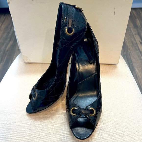 Christian DIOR Vintage Cannage High Heel Black Patent Leather Peep Toe Pumps 8.5 - Picture 7 of 17